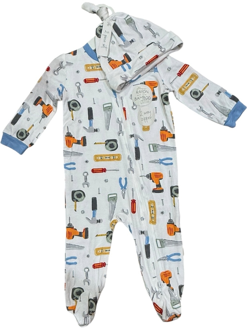Milkberry Bamboo Tool Print Convertible Footed Baby Sleeper 0–3M Hat